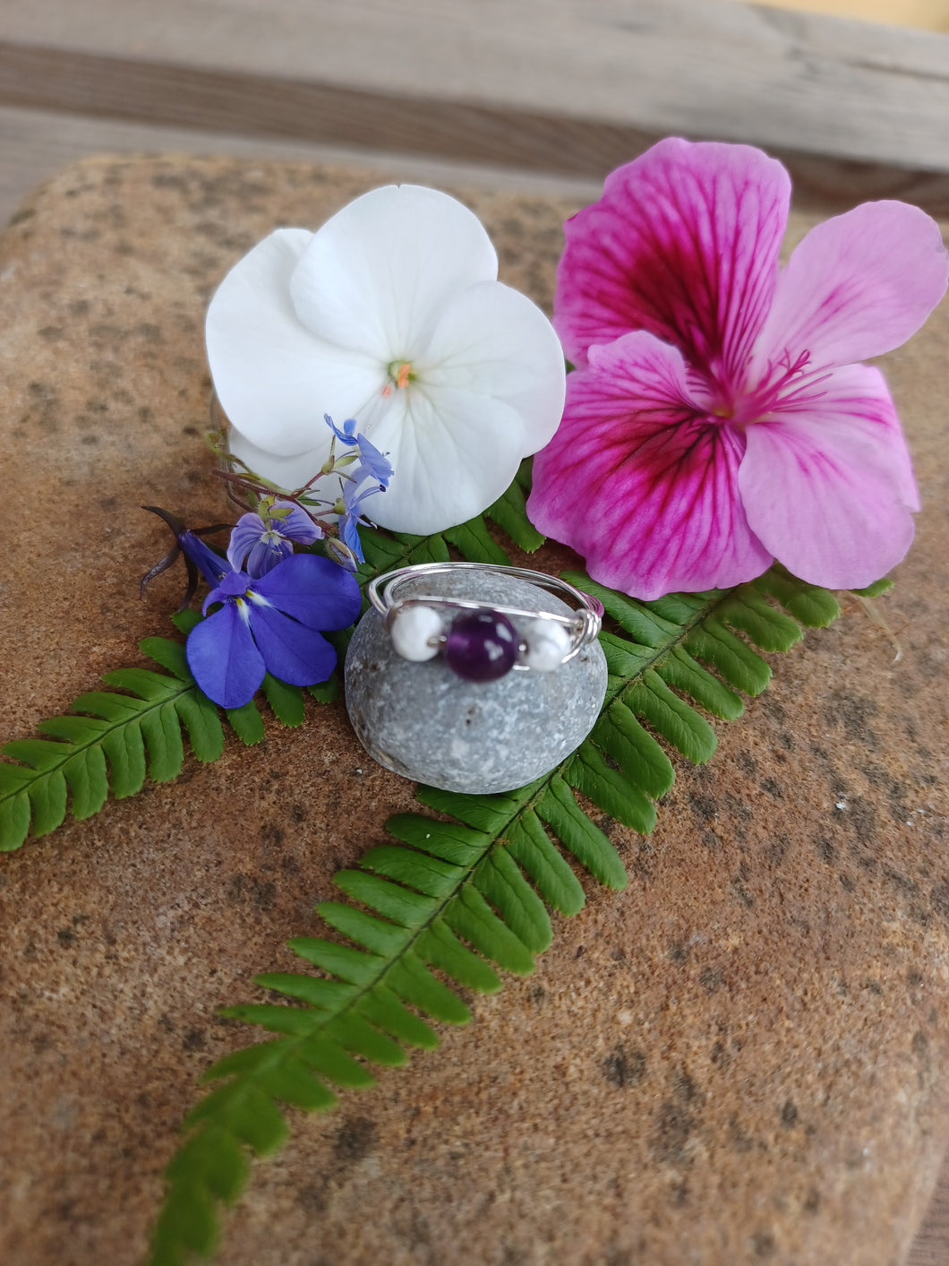 Amethyst & Howlite sterling silver anxiety ring